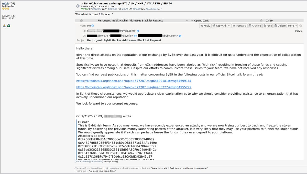 Snapshot of an email by Bybit to Xch security team.