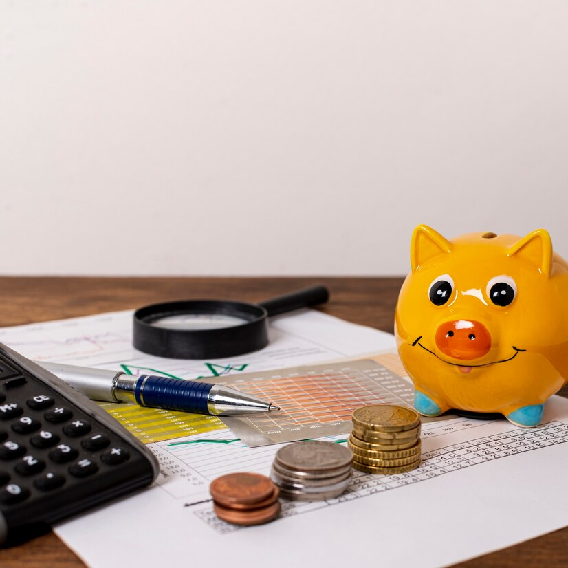 Stationery items alongside a piggy bank and coins.