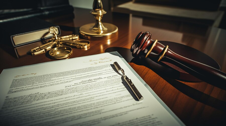 Legal document with judge's gavel and golden keys on wooden desk