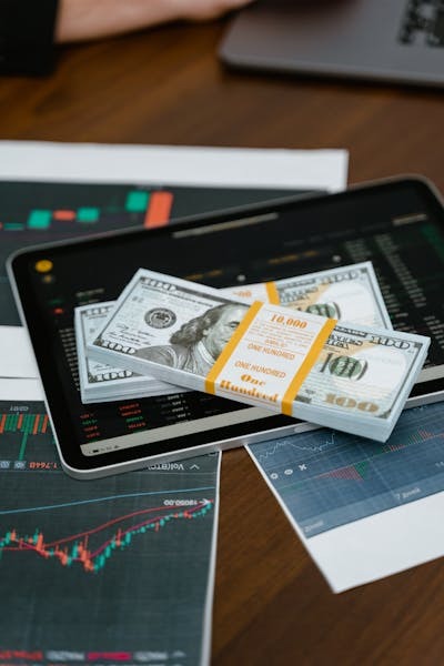 On a Wooden Table are Cryptocurrency Price Chart Printed on Paper, an iPad, and Two Bundle of Cash the United States Dollar