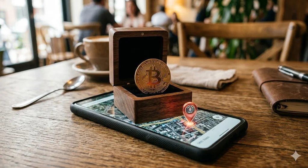 cryptomonnaie dans un encadré sur un smartphone avec un code de localisation