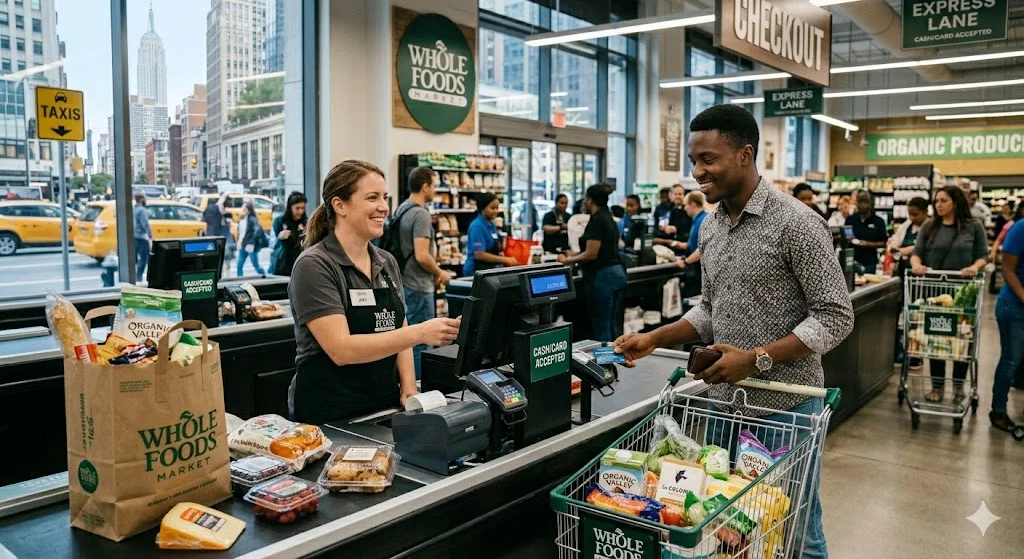 Meilleurs endroits pour dépenser des cryptomonnaies à New York ; caissier et employé à la caisse d'un centre commercial