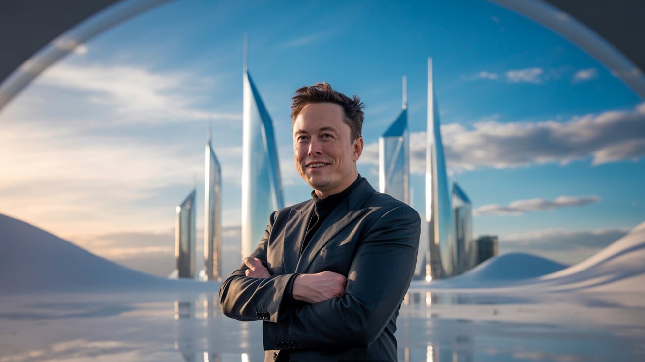 A picture of elon musk standing and smiling with his hands folded