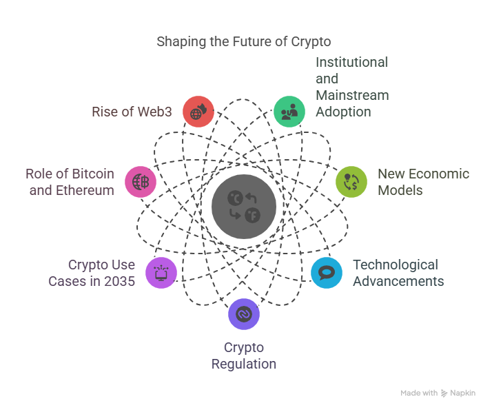 Infographic showing key trends shaping the future of cryptocurrency by 2035, including Web3 growth, Bitcoin and Ethereum’s evolving role, future crypto use cases, regulation, technological innovation, new economic models, and mainstream institutional adoption.

