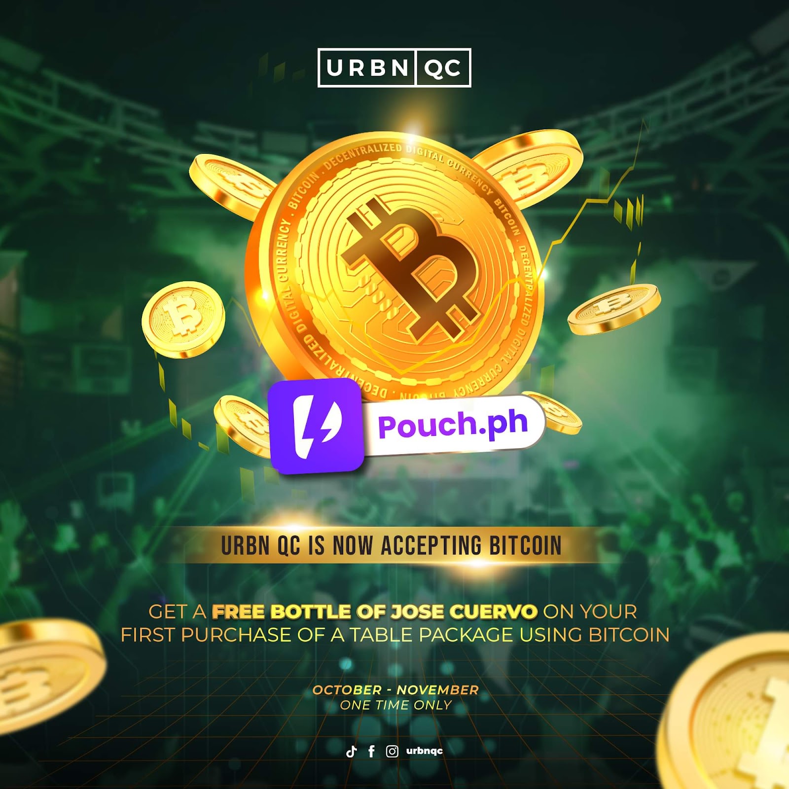 A graphic announcing that URBN QC accepts Bitcoin by Pouch.ph