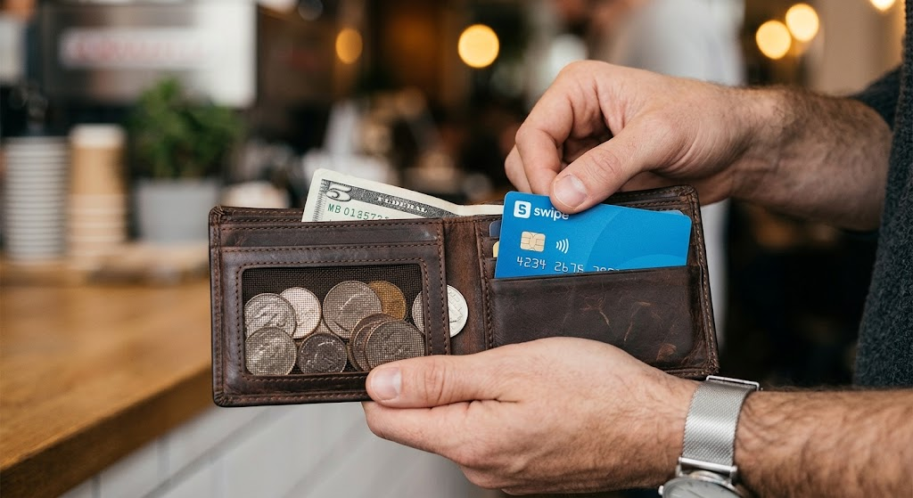Cryptocreditcards; Man met een portemonnee met munten en een kaart. 