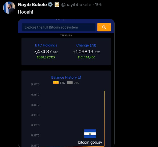 President Nayib Bukele “Hoooah” tweet reaction to El Salvador accumulating more Bitcoin