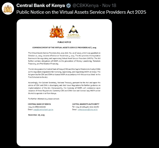 Central Bank of Kenya post on VASPs Act 2025