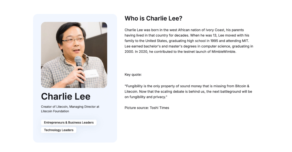 bio of Charlie Lee on coinbase