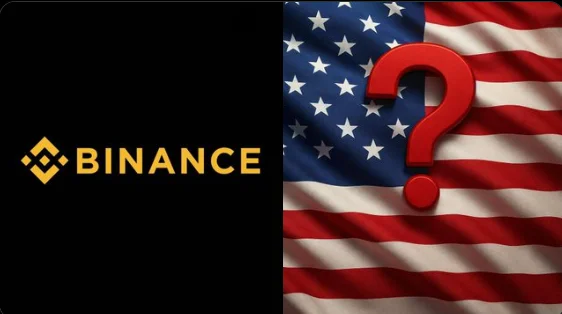 Logo de Binance et drapeau américain avec un point d'interrogation dessus