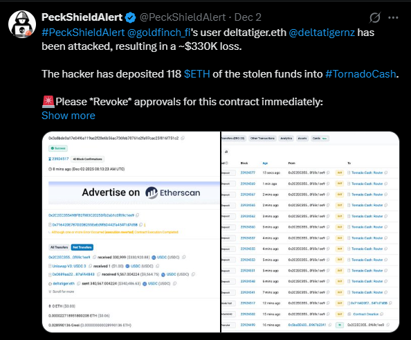 PeckShieldAlert post on X reporting the attack on deltatiger.eth