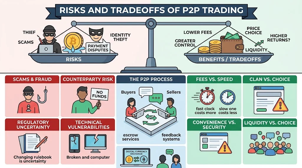 P2P-криптовалютные биржи; иллюстрация рисков и компромиссов P2P-торговли. 