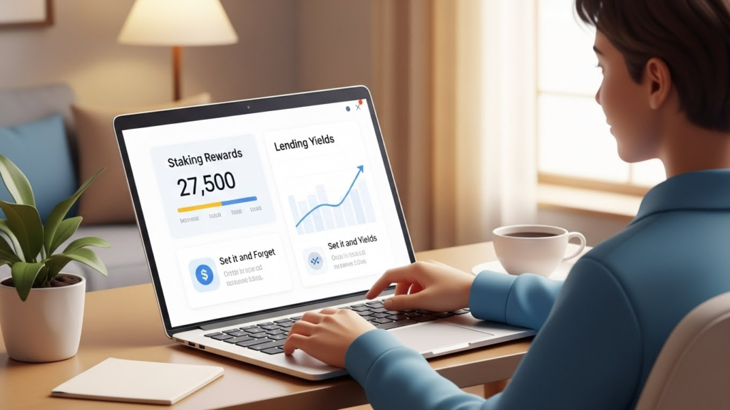 Illustration showing a person earning crypto passively through staking and lending without trading charts.