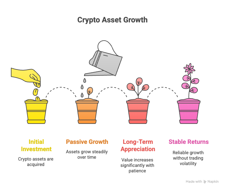 Visual showing crypto assets growing steadily over time without active trading or price charts.