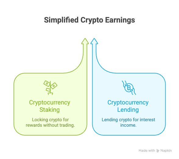 illustration showing two passive crypto methods such as staking and lending