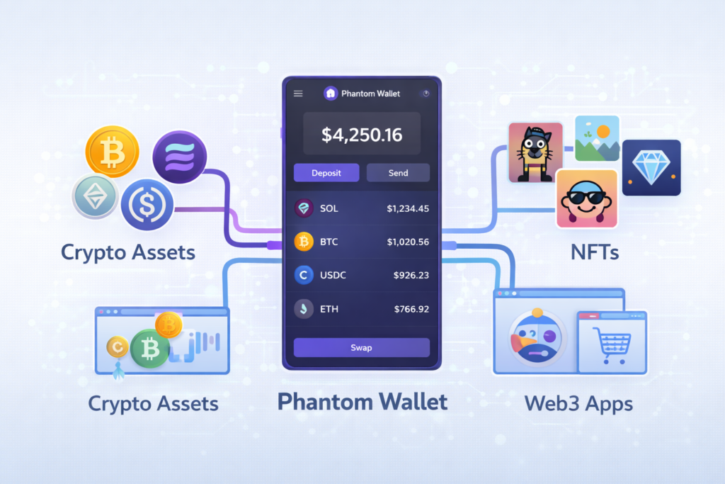 Illustration showing Phantom Wallet connected to crypto assets, NFTs, and Web3 applications.