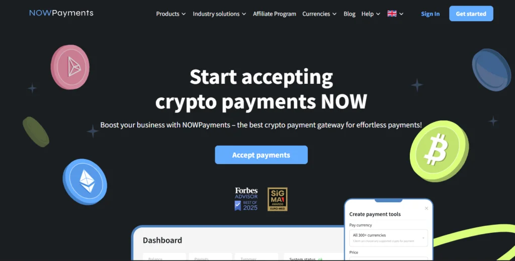 Интерфейс главной страницы NOWpayment