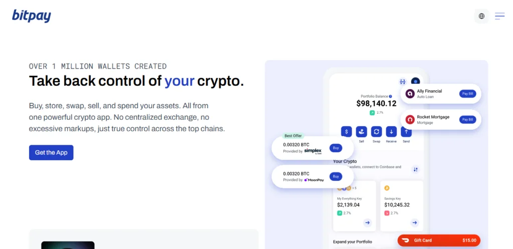 интерфейс главной страницы BitPay
