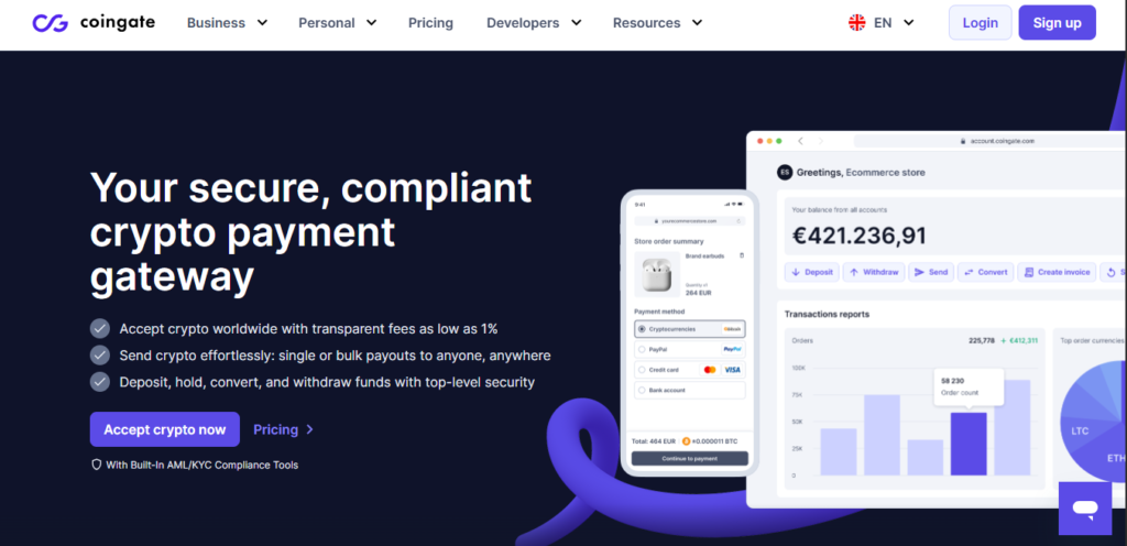 Интерфейс главной страницы Coingate