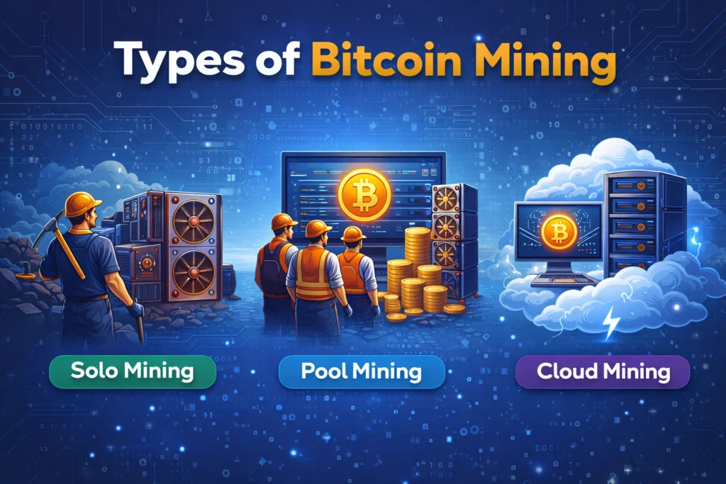 Imagem mostrando os tipos de mineração de Bitcoin.