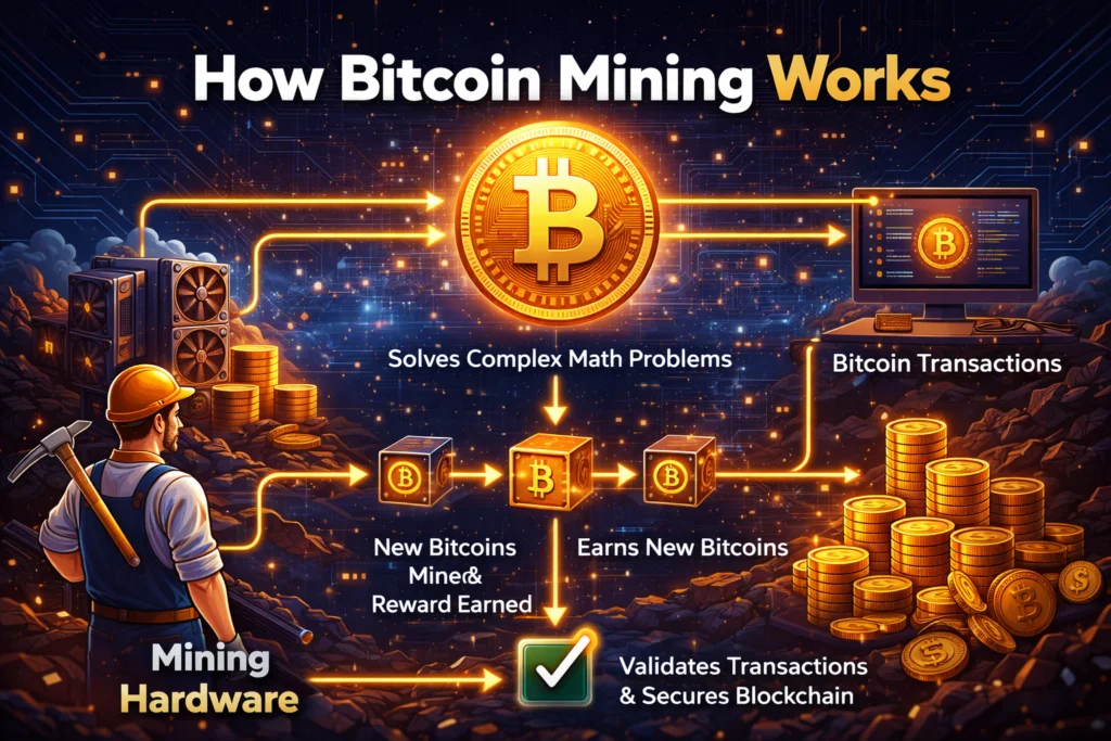 Imagem mostrando as etapas de como funciona a mineração de Bitcoin.