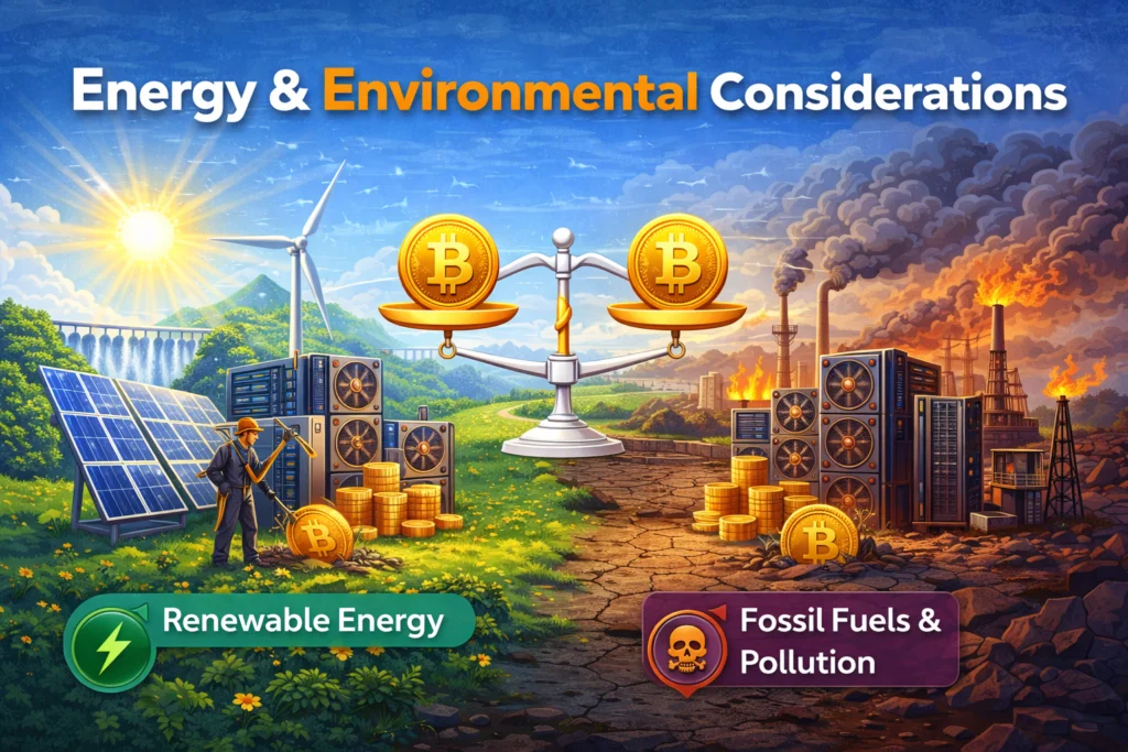 Imagem mostrando as considerações energéticas e ambientais para a mineração de Bitcoin.