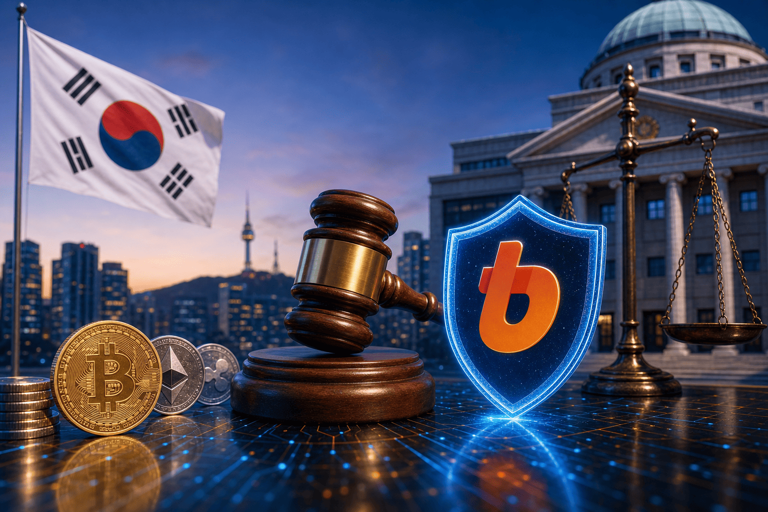 Crypto coins, Bithumb logo, South Korean flag, and a courthouse.