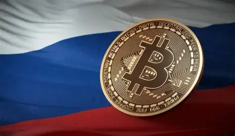 Physical Bitcoin coin placed in front of the Russian flag