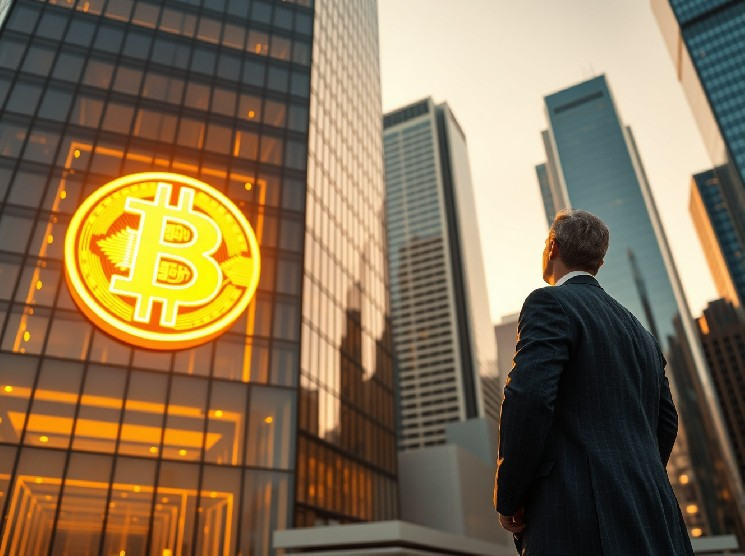 A man looking at a large illuminated Bitcoin symbol displayed on a skyscraper in a modern financial district.