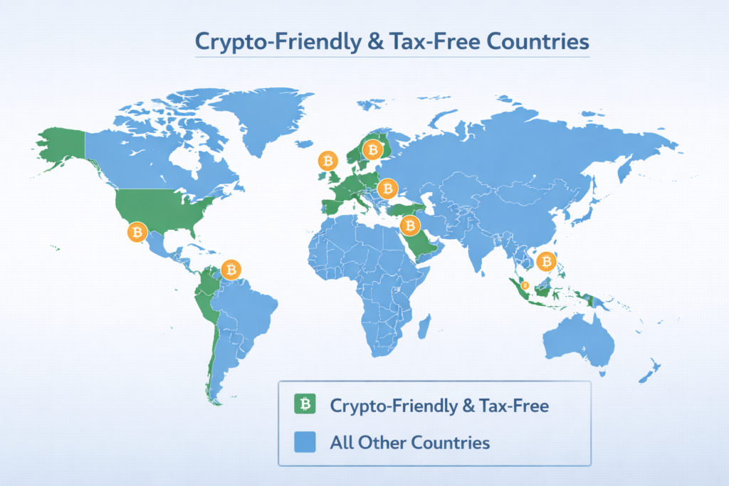 Illustration showing a world map highlighting countries with crypto-friendly and tax-free regulations.