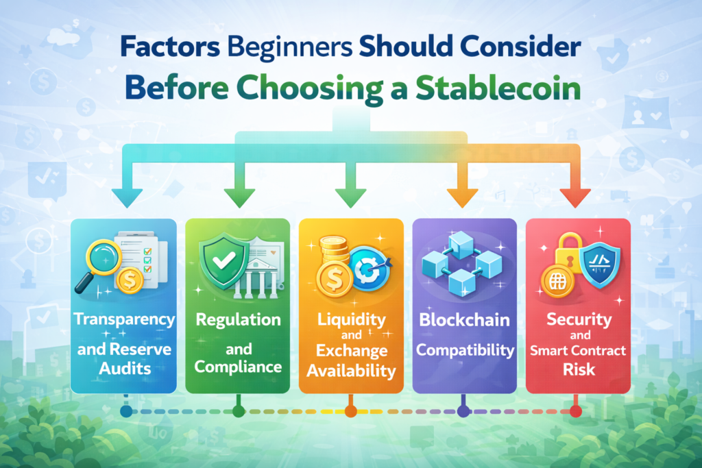 Image showing the various factors beginners should consider before choosing a stable coin
