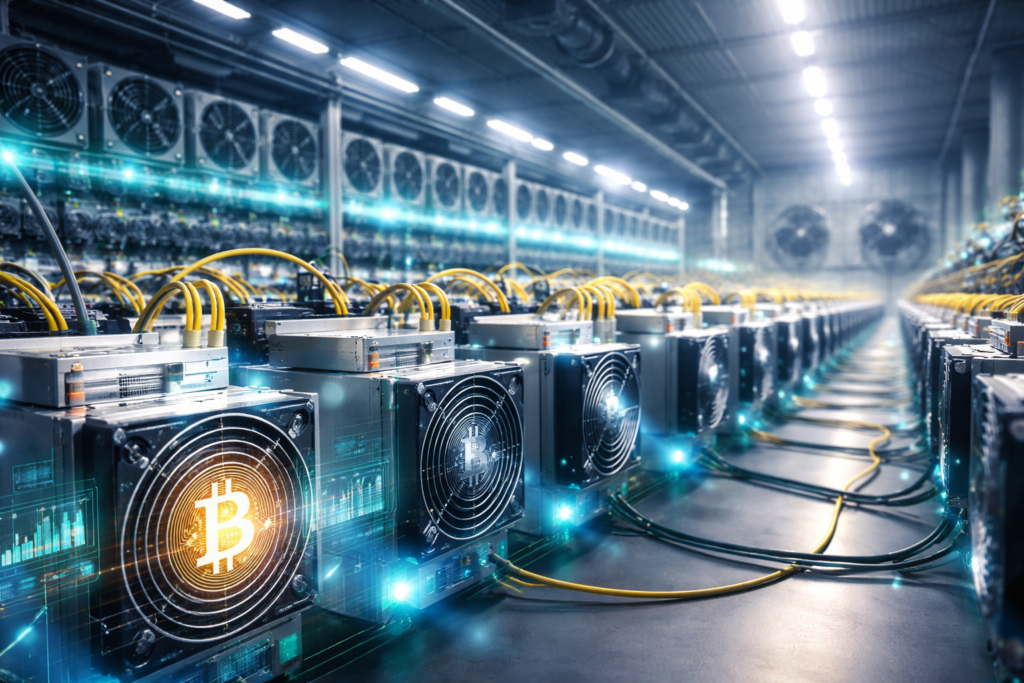 high-performance Bitcoin ASIC mining machines operating in a modern mining facility, representing efficient crypto mining in 2026.