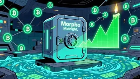 A secure vault labeled "Morpho Midnight" at the center of a futuristic digital environment, surrounded by floating Bitcoin symbols and blockchain network connections.