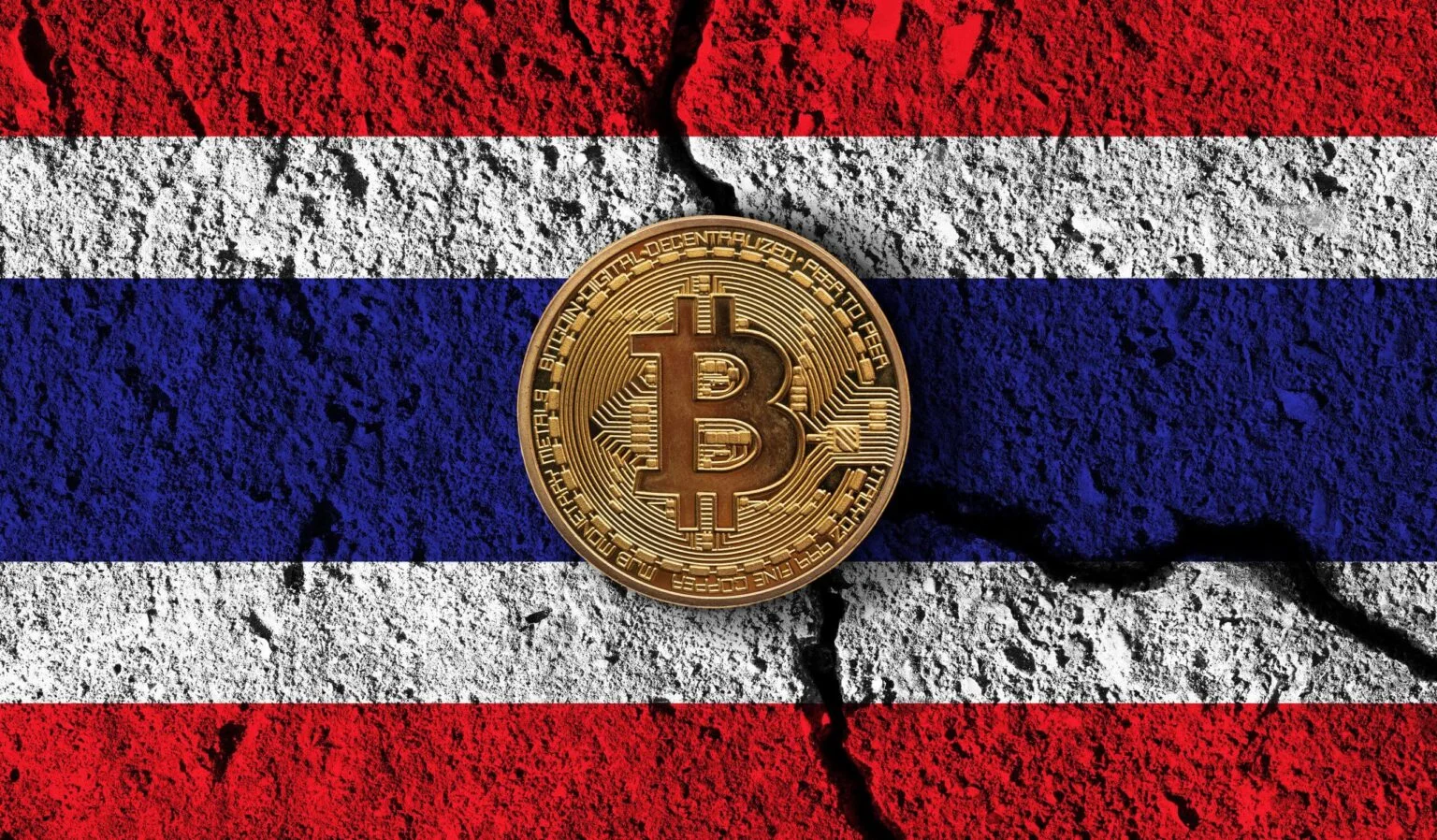 Eine goldene Bitcoin-Münze, platziert in der Mitte einer verwitterten thailändischen Flagge, die auf eine rissige Betonoberfläche gemalt ist.