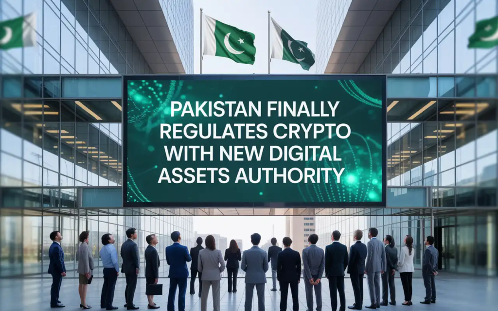 Large digital billboard displaying the message "Pakistan Finally Regulates Crypto With New Digital Assets Authority" outside a modern office complex. A group of business professionals stands watching the screen, while Pakistani flags fly above the building, symbolizing Pakistan's new cryptocurrency regulatory framework and oversight of digital assets.