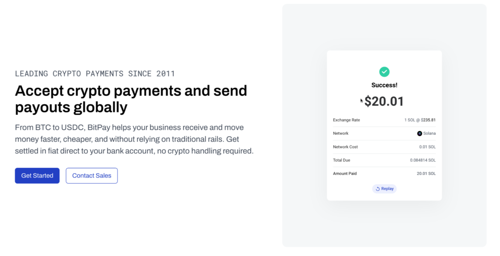 Bitpay webpage displays web content and action buttons