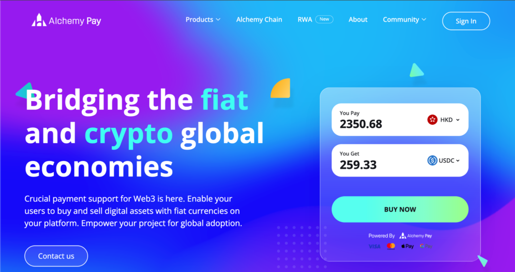AlchemyPay webpage displays web content and action buttons