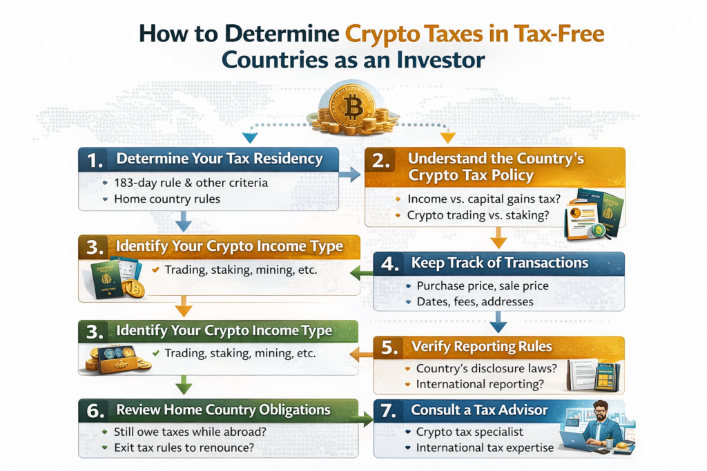 image showing ways to determine crypto taxes in tax-free countries as an Investor