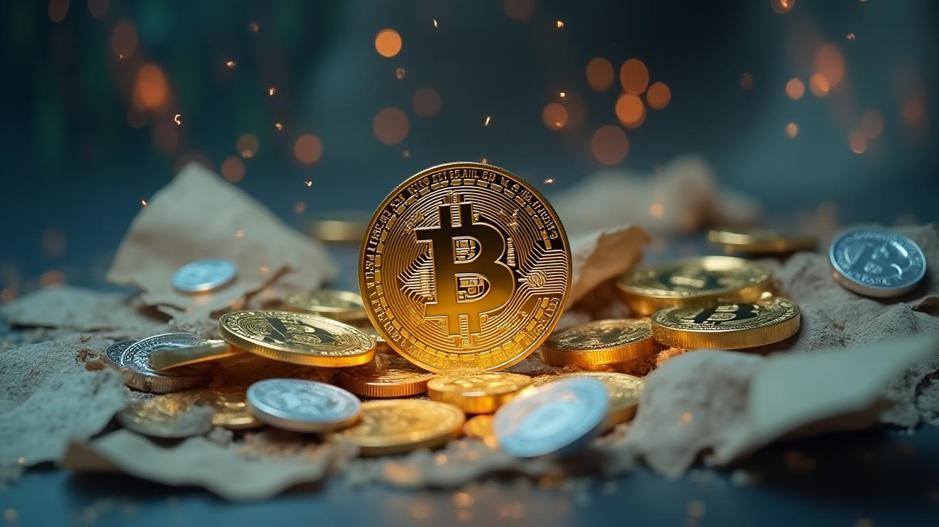 Gold Bitcoin coin standing upright at the center of a scattered collection of cryptocurrency coins on a textured surface.