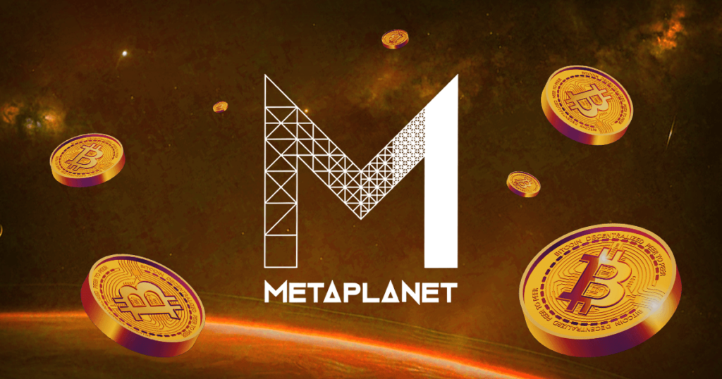 Metaplanet logo displayed at the center of a space-themed background, surrounded by floating gold Bitcoin coins
