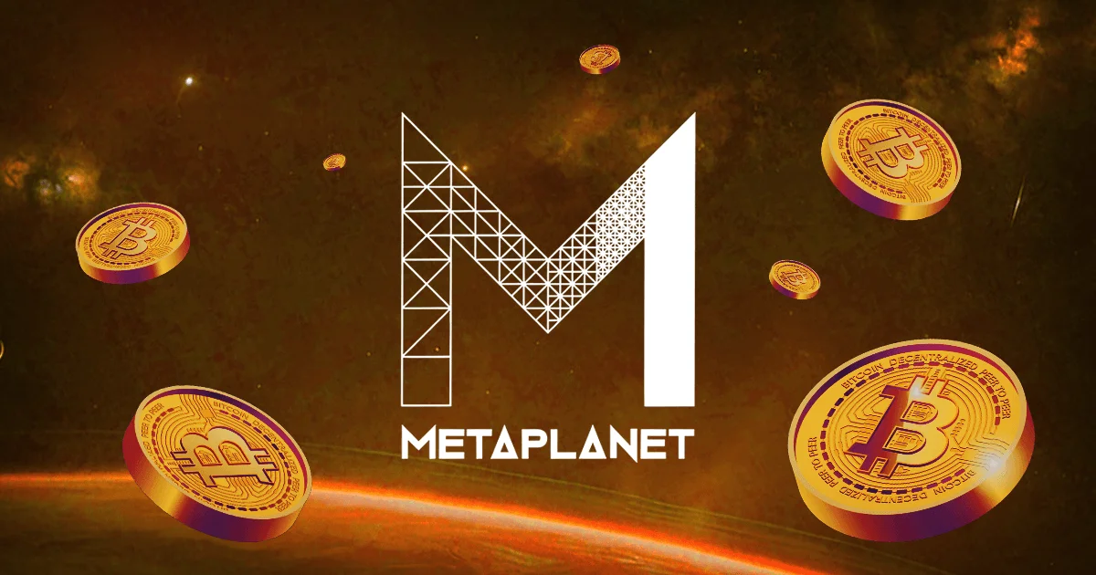 Metaplanet logo displayed at the center of a space-themed background, surrounded by floating gold Bitcoin coins