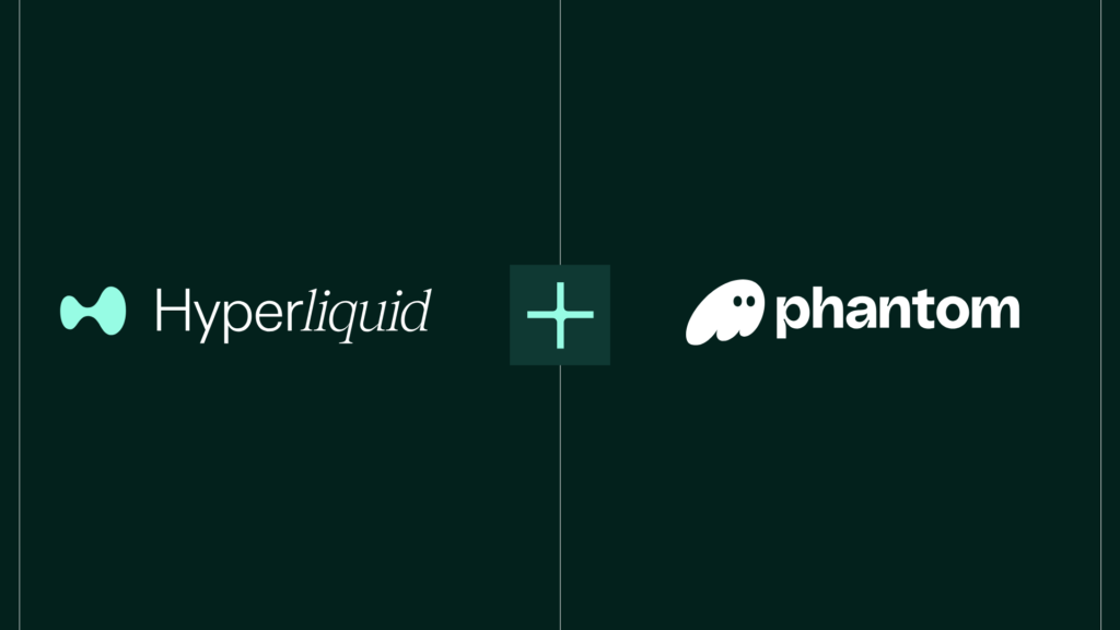 Logos of Hyperliquid and Phantom displayed side by side on a dark green background, separated by a plus sign.
