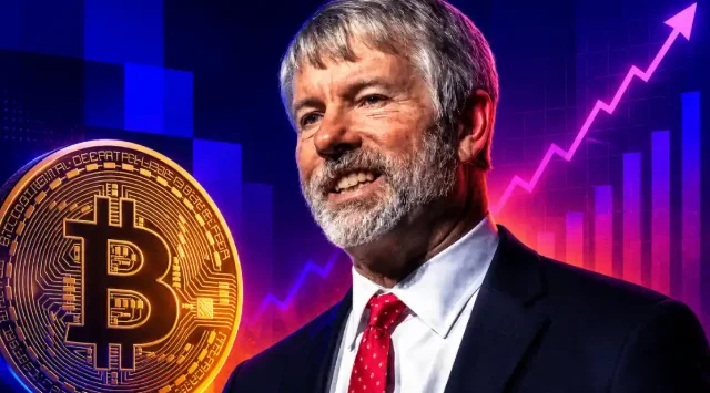 Michael Saylor beside a large gold Bitcoin coin, with an upward-trending market chart and rising arrow in the background.