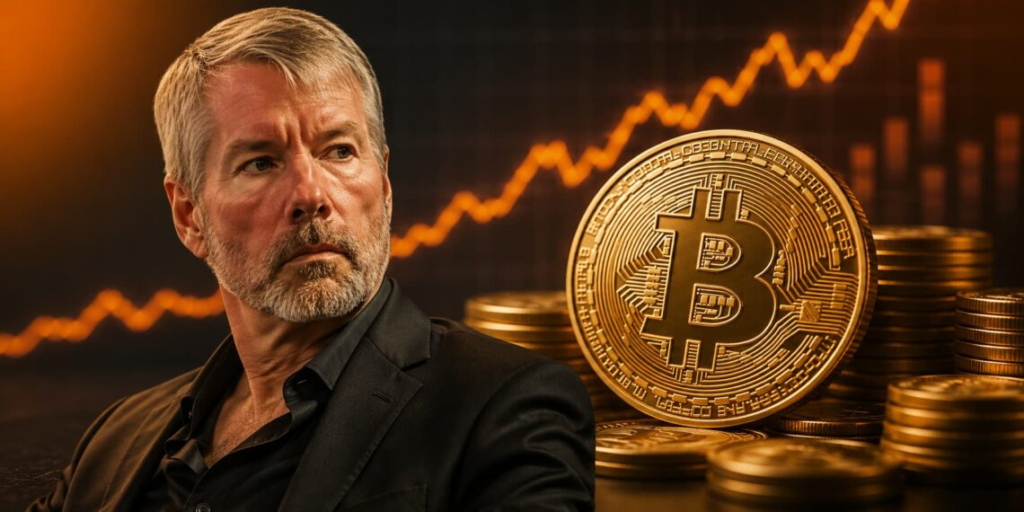 Strategy led by Executive Chairman Michael Saylor in a black suit beside a large gold Bitcoin coin, with stacked coins and an upward-trending market chart in the background.