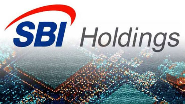SBI Holdings logo displayed prominently against a white background above a stylized digital network graphic.