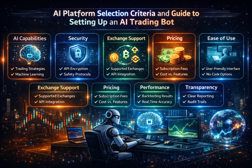 Image showing the platform selection criteria and guide to setting up an Ai trading Bot
