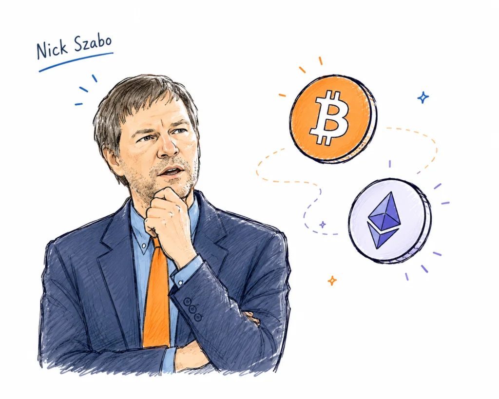 Nick Szabo standing beside Bitcoin and Ethereum symbols in a minimal sketch illustration.