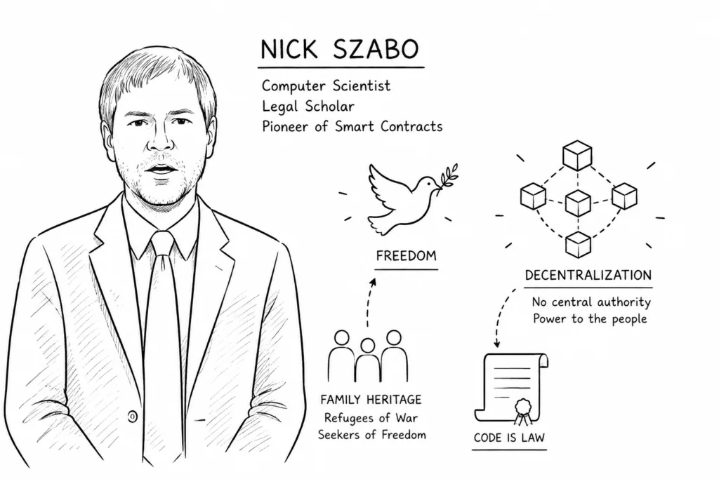 Nick Szabo beside symbols representing freedom and decentralization.