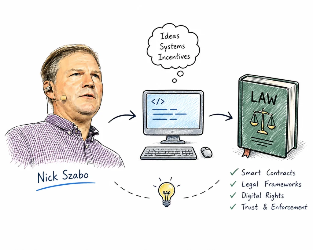 Nick Szabo with computer science and law symbols in a minimal sketch style.