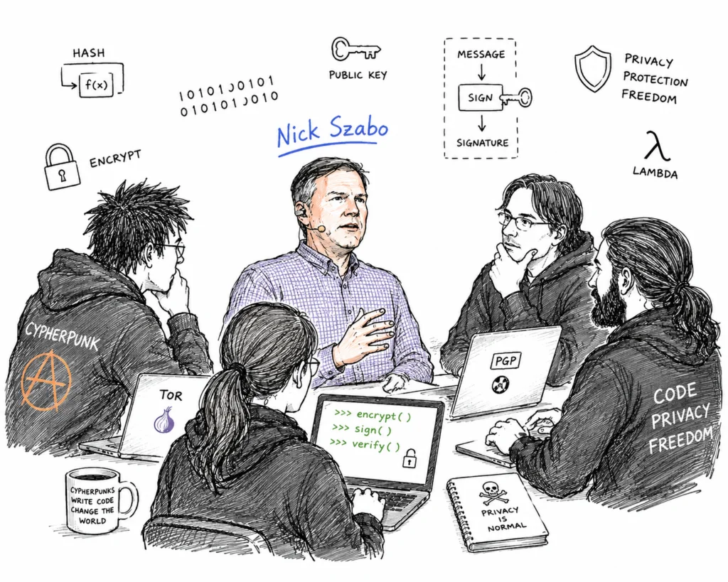 Nick Szabo with cypherpunk programmers and cryptography symbols.